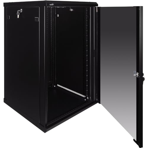 Image of NavePoint 18U Server Rack Enclosure - 23.6 inch Deep, Wall Mount Network Cabinet with Locking Glass Door for 19 inch IT Equipment, Network Rack with 2 Fans, Removable Side Panels, Black
