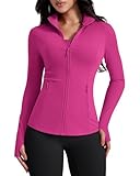 AVGO Womens Workout Jackets Lightweight Athletic Zip Up Jacket Slim Fit Running Gym Top with Pockets & Thumb Holes(Hot Pink, S)