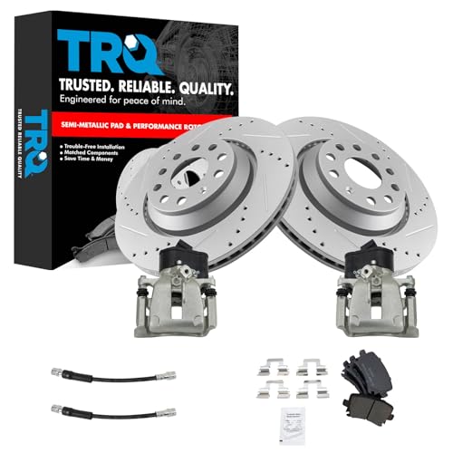 Image of TRQ Performance Rear Brake Pad and Rotor Set Semi Metallic Slotted Drilled G Coated Rotors Calipers Compatible with 2010 2016 Volkswagen CC 2010 Passat