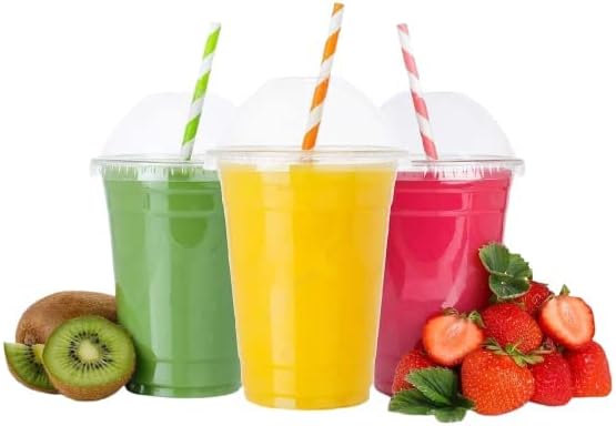 Sabco - 50pcs Premium Clear Plastic Cups with Lids - Smoothie Cups - Perfect Milkshake Cups Ideal for Smoothies Juice Beer Pint Iced Coffee Bubble Tea Slush - Ideal for Takeaway & Restaurants (10oz)