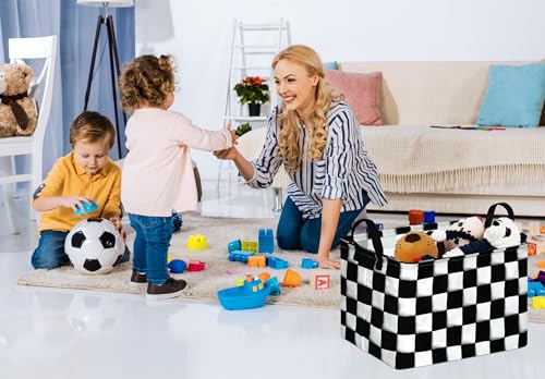 Image of Rectang Checkered Flag Storage Basket Gift Shelf Basket Storage Bin, Nursery Basket Organizer Box for With Handles for Room Deco