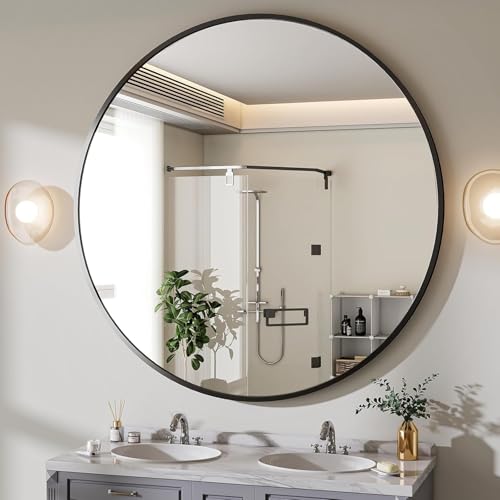 Image of Round Wall Mirror with Durable Wooden Frame - 30 inch (Black) | Modern Decorative Wall Hanging Mirror for Bathroom, Bedroom, Basin, Dressing Table, Entryway & Home Interior Decor