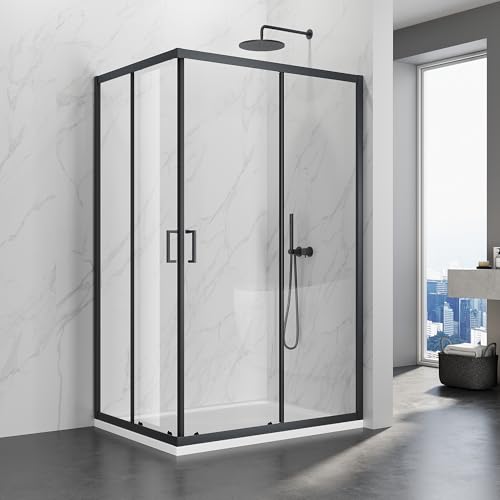 SIRHONA Cabine de Douche 90x120x195 cm Coulissante à Double Ouverture, Noir, Porte de Douche en Verre à Deux Panneaux Fixes avec Verre Transparent de 5 mm, Réglable d'un seul côté 20 mm