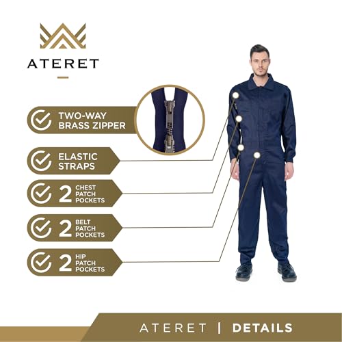 ATERET I Flame Resistant FR Coverall, Lightweight 7 ounce 100% cotton FR treated I (Large, Navy Blue) - Thumbnail 3