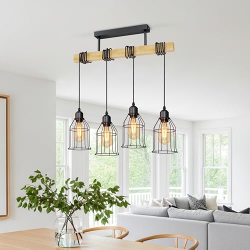 LVWIT Candeeiro Teto Suspenso E27, Lámparas Comedor Colgante Negro, Lámpara de Techo con Base de Madera, Lampara Colgantes con 4 Bases,Ideal para Salón,Comedor,Dormitorio,Cocina(Sin Bombillas)