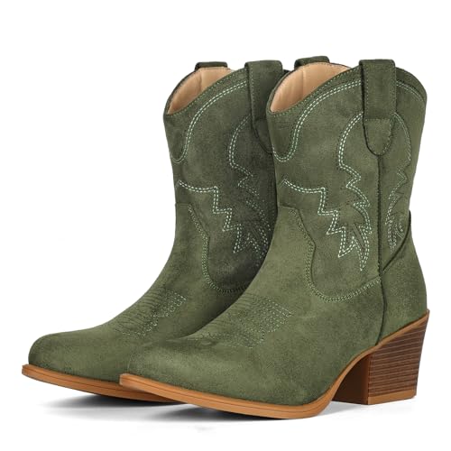 Image of IXU Cowboy Boots for Women Ankle Cowgirl Booties Wide Mid Calf Pointed Toe Western Boots Short Chunky Classic Booties