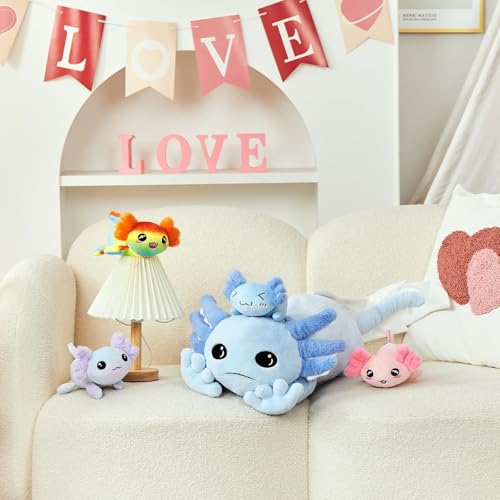 Image of MaoGoLan 5 Pcs Axolotl Stuffed Animal with 4 Babies, 31.5 inch, Blue | Glow in The Dark Axolotl Plush Pillow for Girl Boy Kid, Soft Long Salamander Plushies for Birthday Gift Baby Shower Decor,