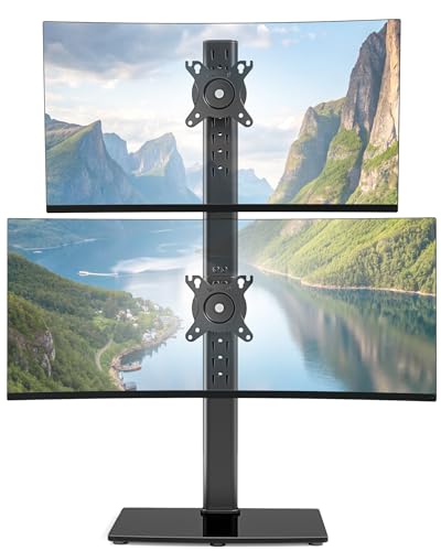 PEGZONE Vertikaler Doppel Monitor Ständer für 17-34 Zoll Bildschirme Monitorhalterung Übereinander mit Glasboden Max. 15kg pro Arm VESA 75/100 12 Höhenstufen Neigbar Schwenkbar
