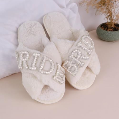 KEYUSHOP Bride Slippers for Wedding White Soft Women's Wedding Shoes Fuzzy Cross Band House Slippers Open Toe Bridal Shower Party4