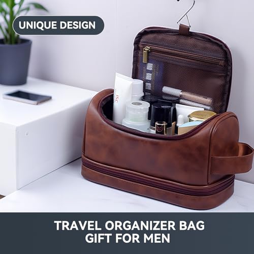 Toiletry Bag for Men,Large Leather Travel Pouch Bag with Hanging hook — view 4