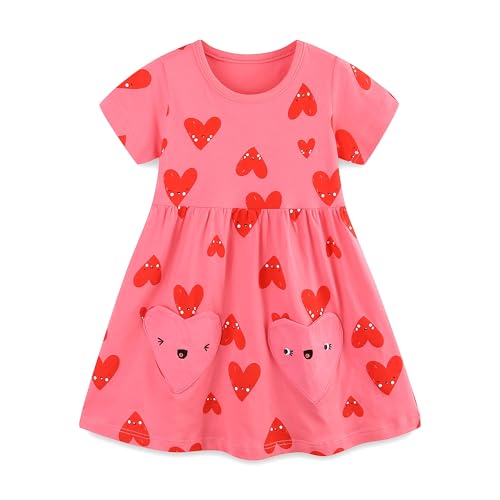 Toddler Girl Summer Dress Little Girls Cotton Short Sleeve Dresses Casual Midi Sundress for Kids 2-7 Years Red Heart 3T