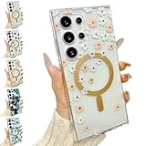 CrazyLemon 適用 Samsung Galaxy S24 Ultra ケース クリア かわいい 花柄 [MagSafe対応] ワイヤレス充電対応 マグネット搭載 お洒落 美しい ピンク ホワイト 花びら 模様 薄型 透明 ハード PC + ソフト TPU スマホケース 耐衝撃 保護カバー レディーズ 女性用 (Clear Floral Case)