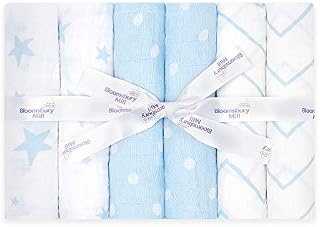 Bloomsbury Mill - 100% Organic Cotton Muslin Squares  Breathable & Soft Baby Cloths  Essential Newborn Gift in Stars, Chevrons & Polka Dots Designs - Blue & White - 70cm x 70cm (pack of 6)