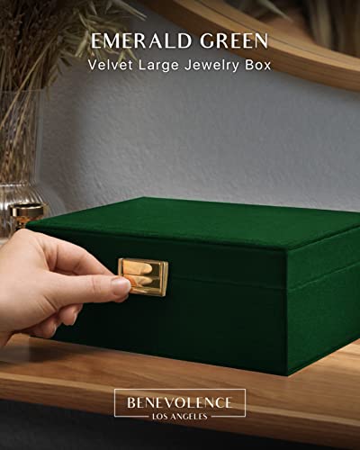 Benevolence La Large Jewelry Box Organizer, Velvet Jewelry Boxes For Women | Earring Organizer For Women, 2 Layer Jewelry Organizer Box For Necklaces, Bracelets, Rings - Emerald Green #TOP1