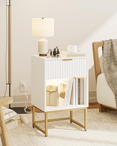 Image of Masupu Fluted Nightstand with Charging Station and LED Lights,Modern Night Stand Wood Bedside Table with Storage Drawer Side End Table for Bedroom, Office,White