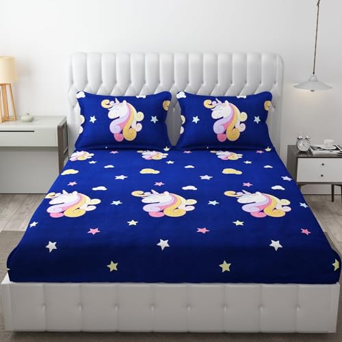 Image of Kids King Size Elastic Fitted Bedsheet for Double Bed with 2 Pillow Covers | 210 TC Cotton | Deep Pocket Fits up to 8 Inch Mattress | Size 78 x 72 Inch | Blue Unicorn Print