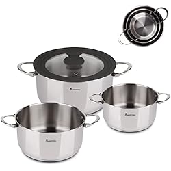 Cacerolas Masterpro MasterPRO Foodies - Batería de Cocina - Set de 4 Piezas Con Cacerolas de 16, 20 y 24 cm y Tapa de Cristal - Fabricadas en Acero Inoxidable - Compatibles con Todo Tipo de Cocinas