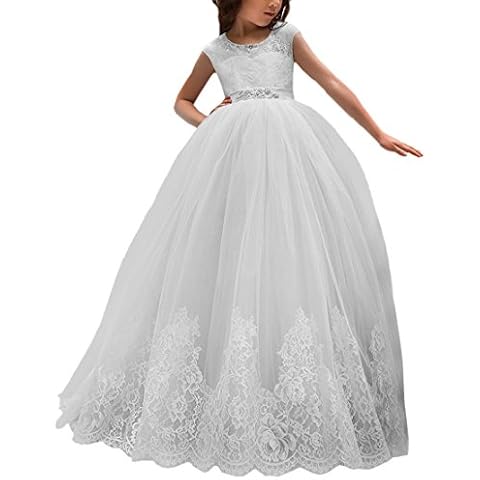 Flower Girl Dress for Wedding Kids Lace Pageant Ball Gowns (Size 4, White) Cover