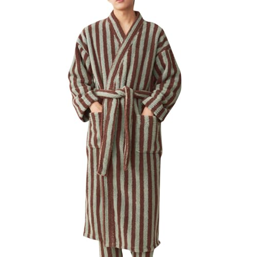 Hot Fashion Sale 2024 Flannel Robes for Men 2024 New Striped Long Sleeve Bathrobes Aesthetics Stylish Robe Fall Winter Outfits Coffee X-Large
