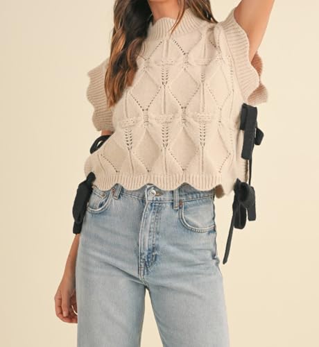 Image of Women Side Tie Sweater Vest Scallop Trim Mock Neck Knit Vest Bow Lace Up Ribbon Sweater Tank Top Knitwear