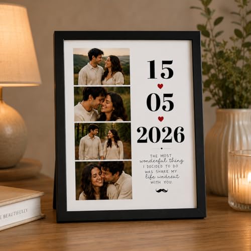 Image of Personalized Couple Date Photo Frame Custom Anniversary Collage Frame with Photos & Special Date Romantic Gift for Boyfriend Girlfriend Husband Wife Wall Decor Frame