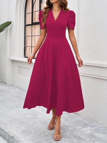 Image of Shasmi Girl's & Women's Solid Color V-Neck A-Line Maxi Dress for Women | New Year Party Outfit | Waist Cinched Puff Sleeve Western | Elegant Casual Wear (Dress 246)