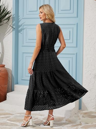 Image of Women 2025 Summer Maxi Dress Casual V Neck Sundress Sleeveless Hollow Out Eyelet a Line Long Flowy Beach Vacation