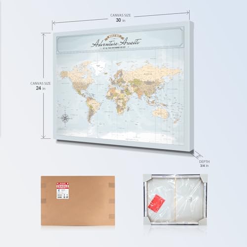 Image of IPIC - Blue Ocean World Map Pin Board Canvas Wall Art, Travel Map with Pins Included, Ready to Hang for Home or Office 30x24 Inch