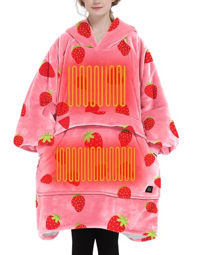 KFUBUO Heated Electric Wearable Blanket Throw Battery Operated Portable USB Cordless Outdoor Hoodie Sweatshirt (Heated Blanket Strawberry)
