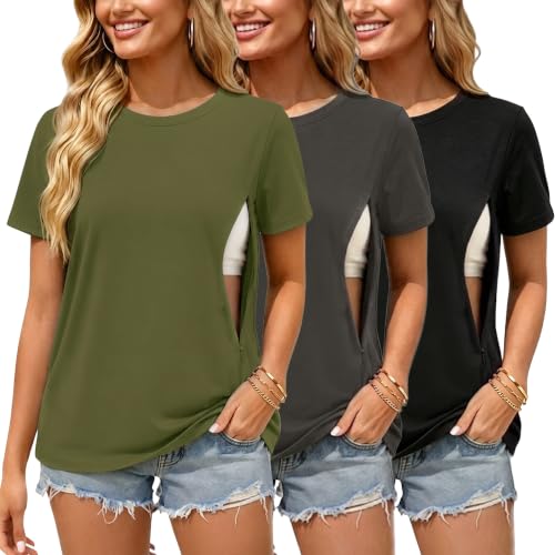 Image of Ecavus 3 Pack Nursing Shirts for Breastfeeding, Hidden Zippers Nursing Tops | Crew Neck,Short Sleeve,Cotton Breastfeeding Shirts,Postpartum Clothes for Women,Side Zipper,Discreet Nursing,Comfort,Soft
