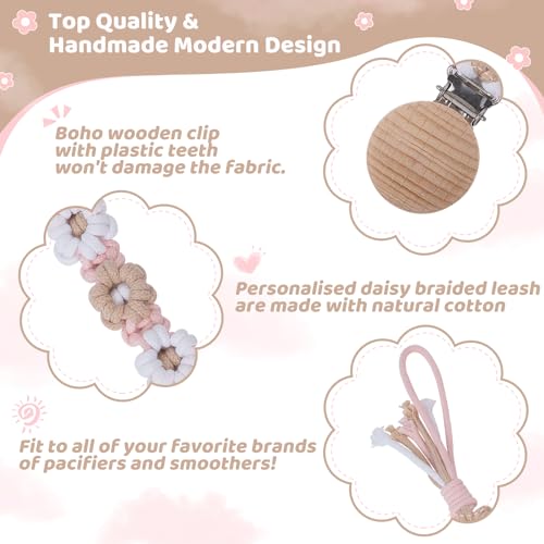 Image of Pacifier Clip for Boys Girls Floral Daisy Macrame Baby Paci Clip Pacifier Holder Leash Boho Wooden Clips Handmade Braided Cotton Binky Clips (1pack:Khaki Style B)