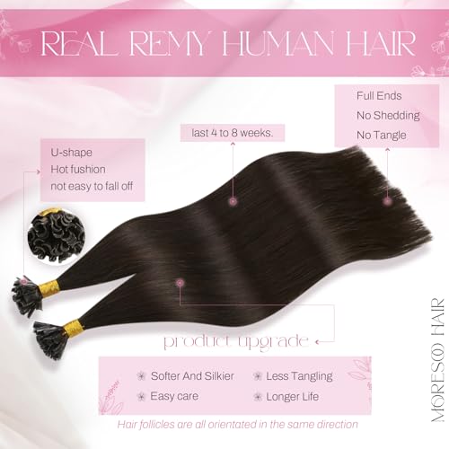 Image of Moresoo U Tip Hair Extensions Human Hair, Dark Brown, 16 Inch | 50g 50 Strands, Soft Straight Texture, Professional Settings, Seamless Color Match, Daily Styling