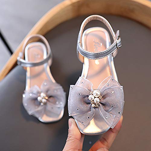 Children Sandals Soft-Soled Princess Shoes Slippers Pearl Children Non-Slip Bowkont Flat Girl's (Silver, 9-10Years)2
