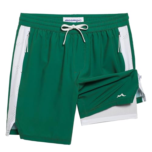 maamgic Boys Athletic Shorts with Liner Teens Youth 2 in 1 Active Running Sports Soccer Shorts with Zipper Pockets Turquoise Green 14/16