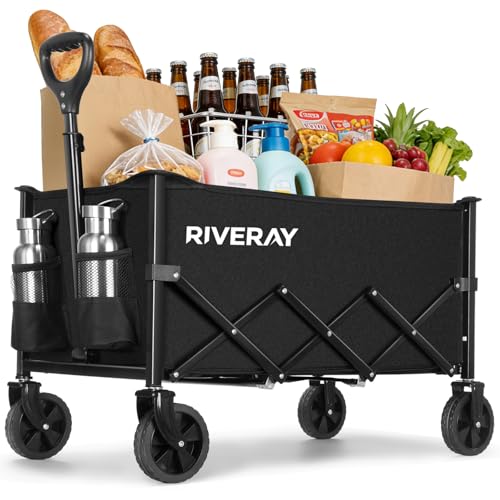 RIVERAY Carro de Mano Plegable 120L, Mango Ajustable y Ruedas Desmontables, Carrito Transporte Todoterreno para Compra, Camping o Jardín