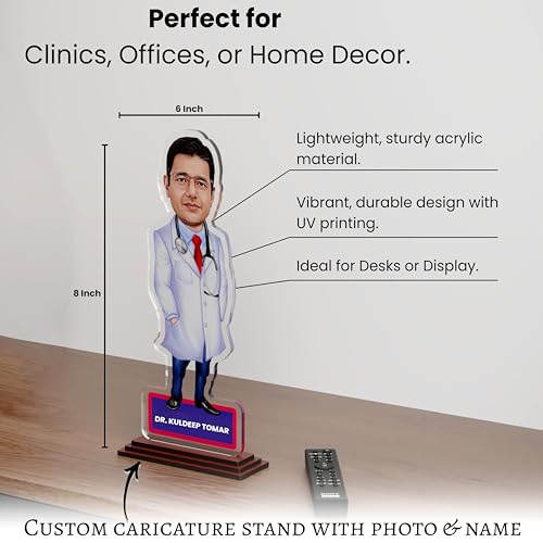 Image of SAVRI Personalized Acrylic Doctor Caricature 6x8 Inch with Customized Name Mug | Unique Medical Professional Gift, Doctor Desk Decor, Birthday, Graduation & Clinic Inauguration Gift