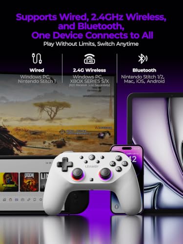 Image of leadjoy Saber Plus Wireless Game Controller, TMR Joysticks, Hall Effect & Tactile Dual Triggers Gaming Controller, 1000Hz Polling Rate, RGB Lighting for PS4 /Switch1 /2 /PC /Android /iOS, White