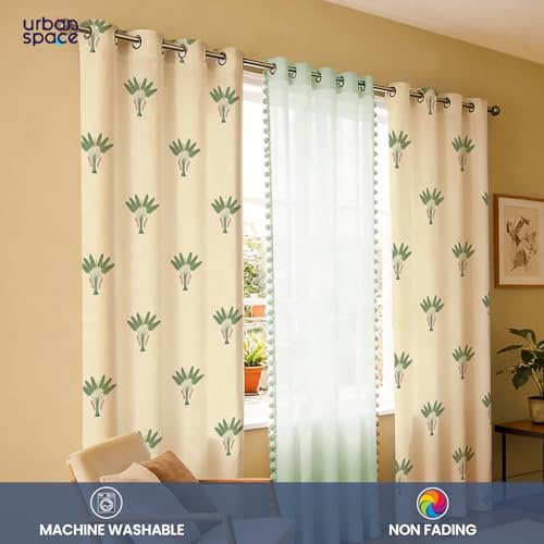 Image of Urban Space Printed 100% Cotton Curtain for Window, Cotton & Sheer Combo Set of 3 Curtains 5 Feet Long, Tieback & Eyelets Included with Curtains for Room Darkening (Palm Lagoon Green & Mint pom pom)