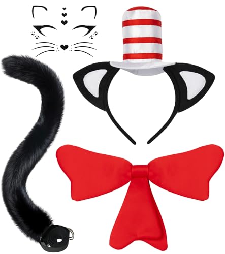 ASINWIN 4 Pcs Cat Costume Accessories Set Includes Cat Ears Headband with Stovepipe Hat Red Bow Tie Black Tail & Face Sticker Perfect for Classroom Reading Week & Book Character Day