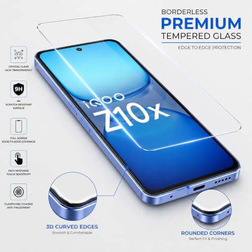 Image of ArmourPro 3D Borderless Tempered Glass for iQOO Z10X and iQOO Z9x, HD Clear Curved Edge to Edge Screen Protector, 9H Hardness, Oleophobic Coating, Case Friendly | Pack of 1