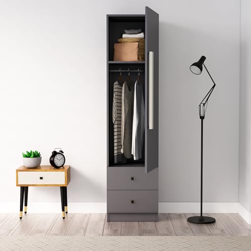 Image of Bniture Wooden Almirah for Clothes, Door for Bedroom, 1 Door Wardrobe with 2 Drawer & Hanging Space 3 Years Warranty (Slate Grey)