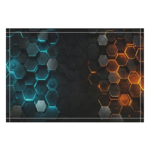 Futuristic Hexagonal Honeycomb with Glowing Accents Linen Placemats Set of 1PCS, 12 X 18 Inch Heat Resistant Washable Non Slip Reusable Table Mats for Kitchen Home Restaurant Wedding Holiday Decor