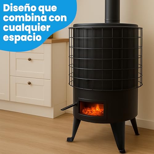 Estufa De Leña Redonda, Estufa Pellets con Potencia 8.8 KW Para Calentar Superficie De 50 M², Estufas de Leña Grande, Chimeneas de Leña y Carbon, Estufa Leña Interior, Estufa Leña Negro - Baño Moderno - imagen 5