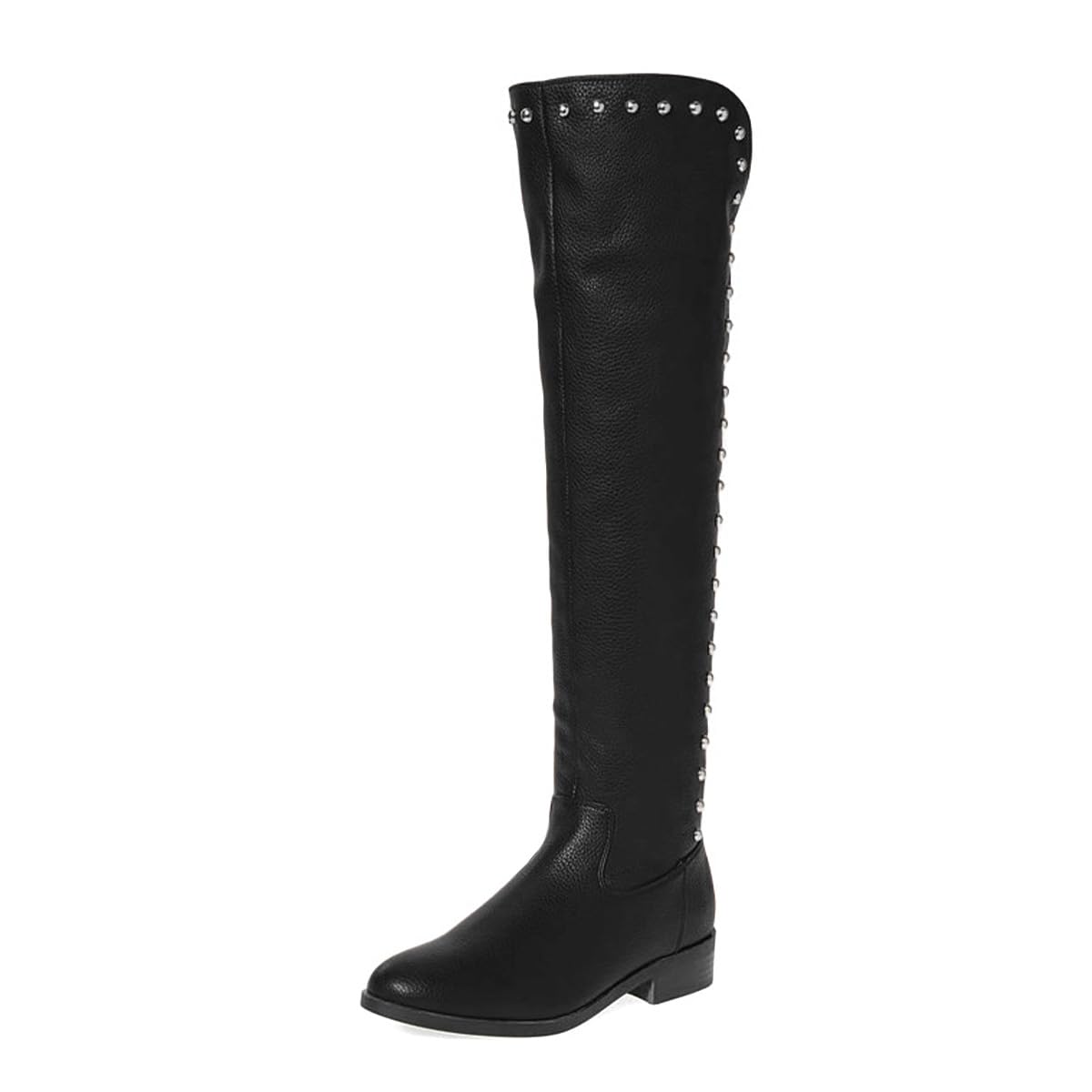 Women Low Heels Studded Knee High Boots Partial Zippers Round Toe Flats Long Tall Boot Party Event Shopping