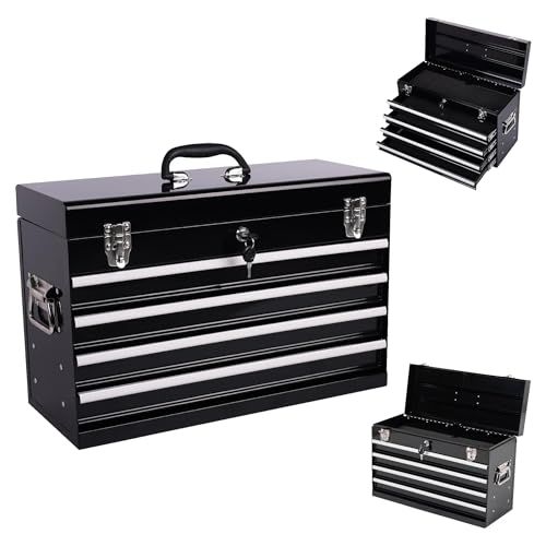 21-inch Portable Metal Tool Box with 4 Drawers, Steel Toolbox with Locking Lid, EVA-Lined Ball-Bearing Slides & Powder-Coated Finish, Top Tool Chest for Mechanic & Craftsman Use, Black