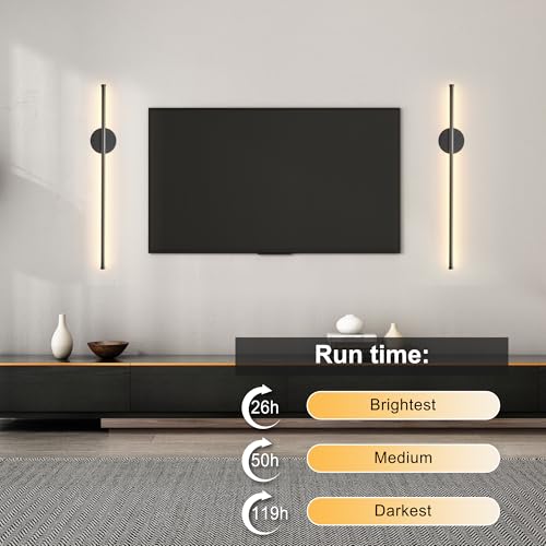 Image of Battery Operated Modern Wall Sconces Set of Two,Rechargeable Wireless Wall Lights with Remote Control,Dimmable,3CCT,Timer,360Rotation,Cordless Lighting for Bedroom,Living Room,Hallway,Black,27.6 Inch