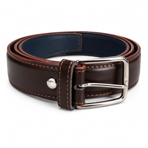 Image of Men's Leather Belt, Black, Silver-Tone Buckle, Stitched Edges, Formal Dress Style