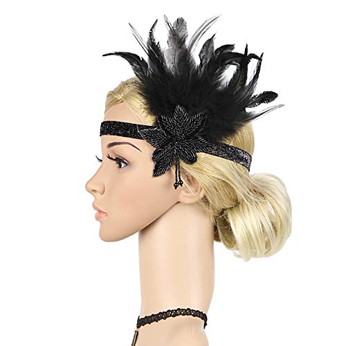 Women's Flapper Headband Great Gatsby 20s Headband Black Feather Beaded Leaf Bachellorette Hen Party Headpiece (All Black)