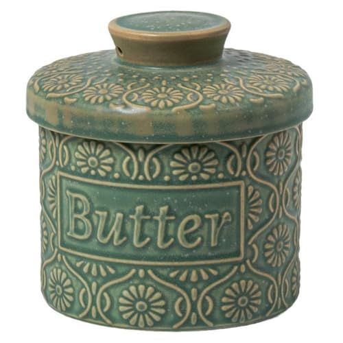 French Butter Dish with Lid, Butter Crock for Counter with Water Line, Ceramic Butter Keeper for Spreadable Butter, Home Kitchen Gift Butter Holder (Green, 6 oz)