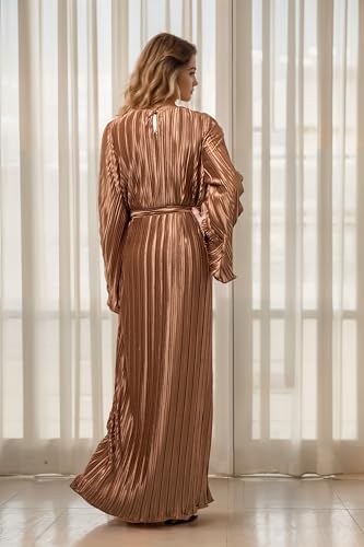 Image of Pluto & Fox Women's Crew Neck Plisse Maxi Dress Long Sleevele Flared Cuffs Belted Pleated Party Cocktail Wedding Guest Dress